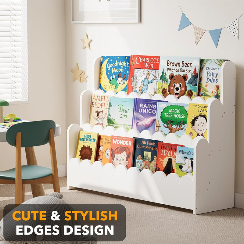 3-Tier Scalloped Bookshelf Montessori Bookcase for Toddlers