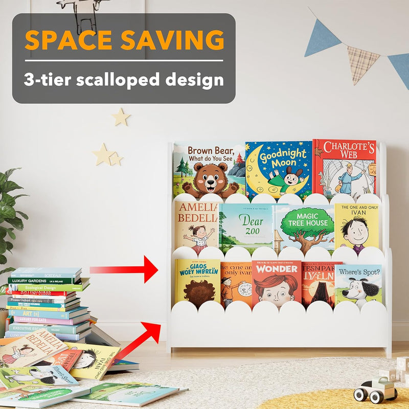 3-Tier Scalloped Bookshelf Montessori Bookcase for Toddlers