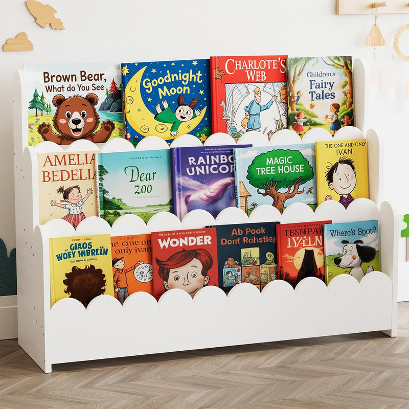 3-Tier Scalloped Bookshelf Montessori Bookcase for Toddlers