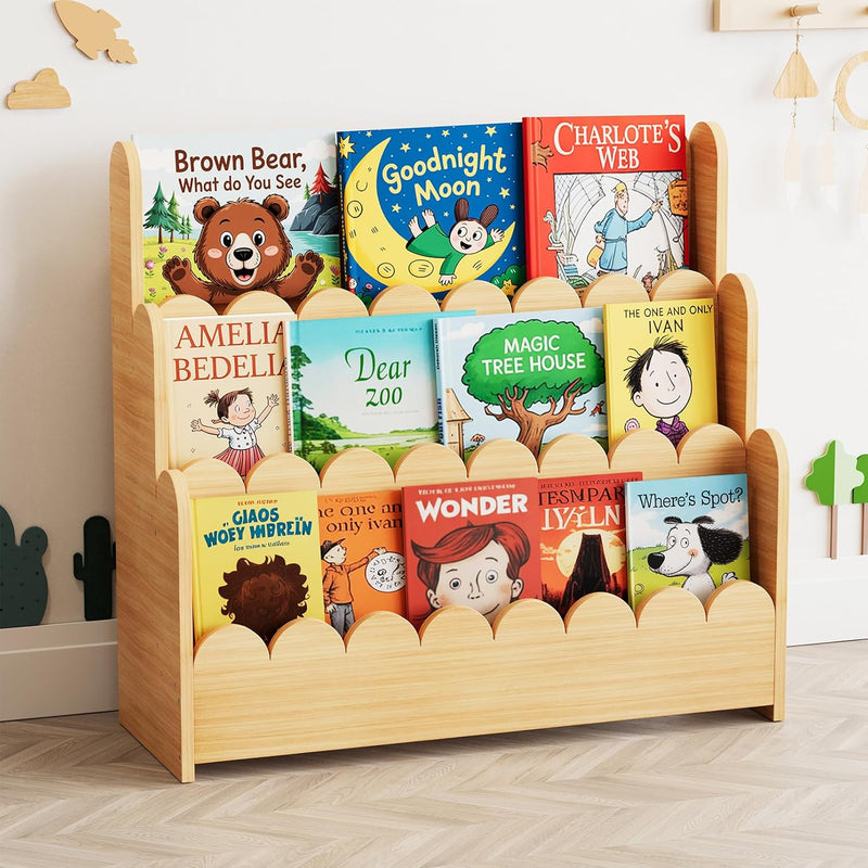 3-Tier Scalloped Bookshelf Montessori Bookcase for Toddlers