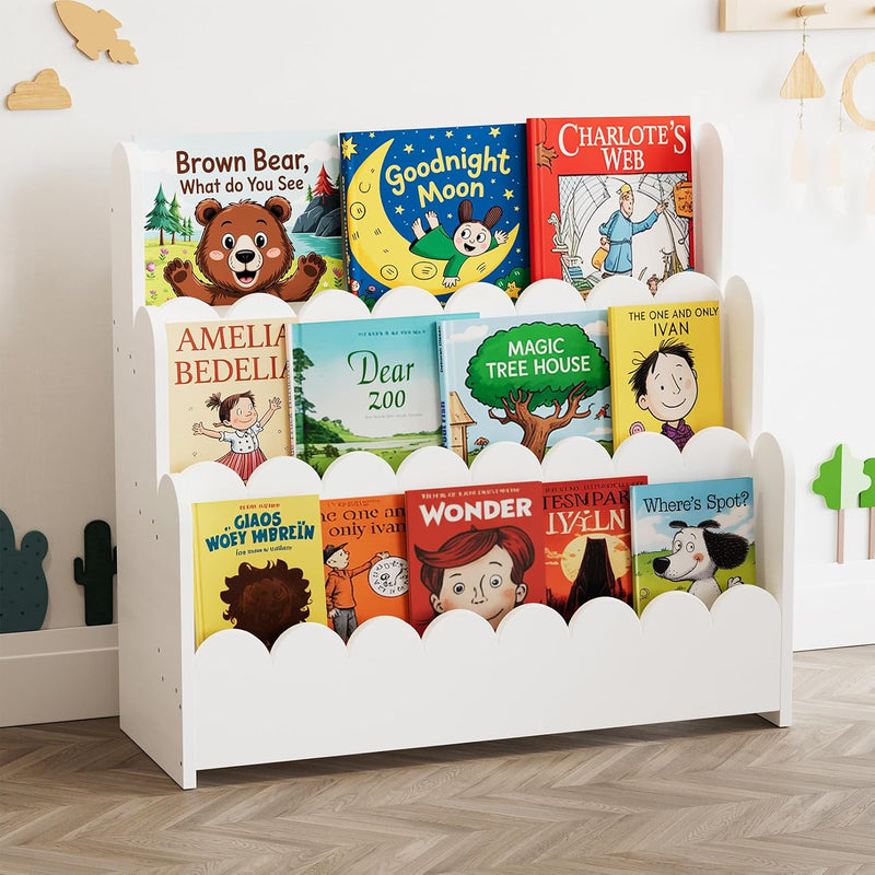 3-Tier Scalloped Bookshelf Montessori Bookcase for Toddlers