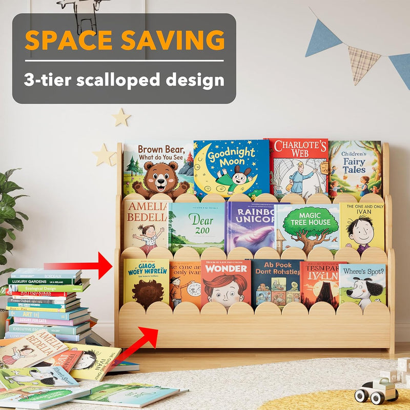 3-Tier Scalloped Bookshelf Montessori Bookcase for Toddlers