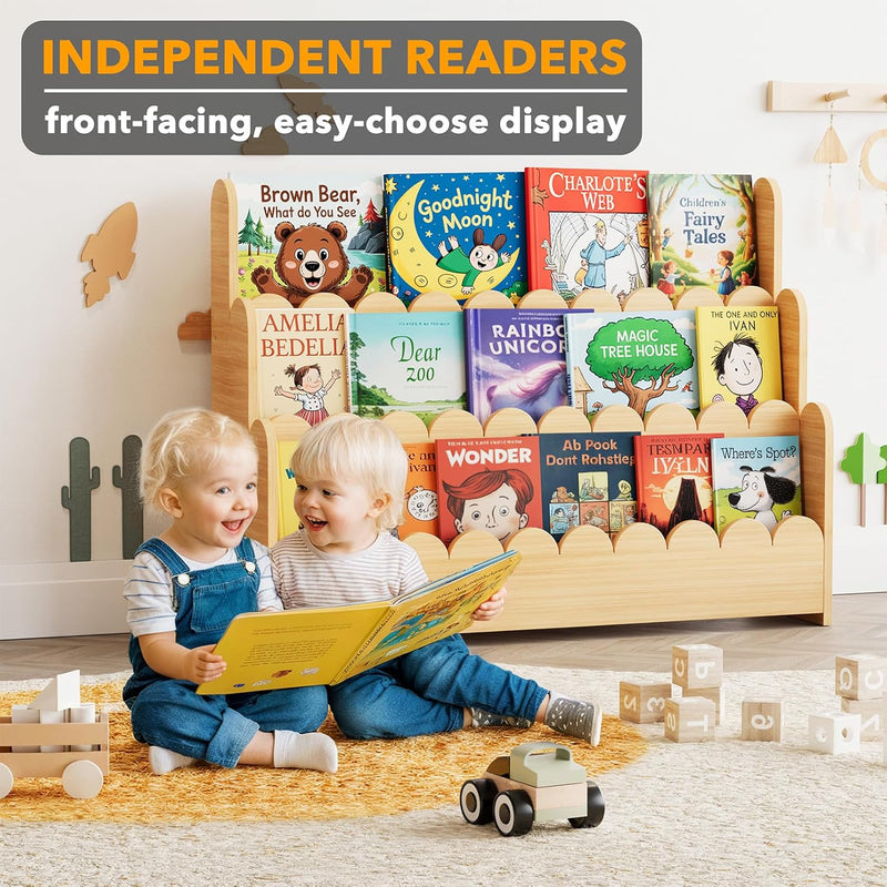 3-Tier Scalloped Bookshelf Montessori Bookcase for Toddlers