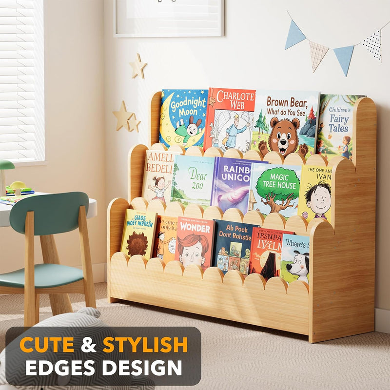 3-Tier Scalloped Bookshelf Montessori Bookcase for Toddlers
