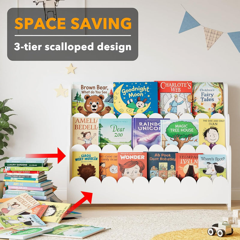3-Tier Scalloped Bookshelf Montessori Bookcase for Toddlers