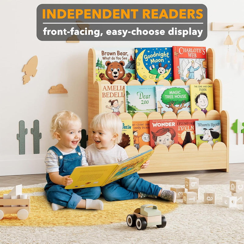 3-Tier Scalloped Bookshelf Montessori Bookcase for Toddlers