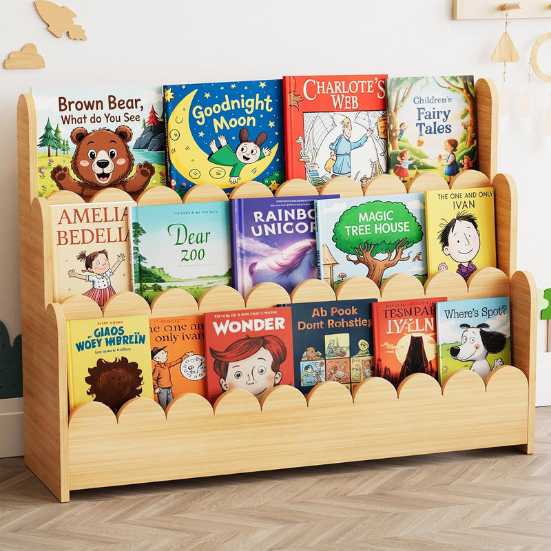 3-Tier Scalloped Bookshelf Montessori Bookcase for Toddlers