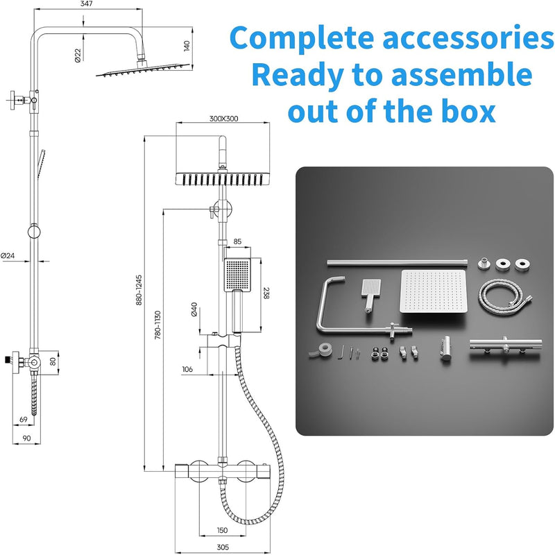 Square Rainfall Shower System Thermostatic Bar Mixer