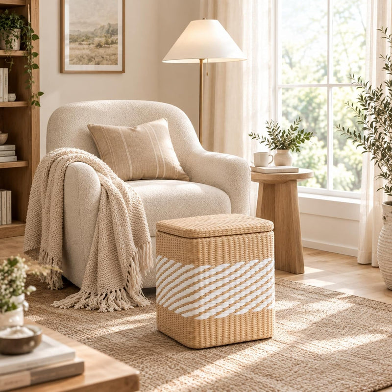 Square Woven Flip Top Storage Ottoman Natural Straw