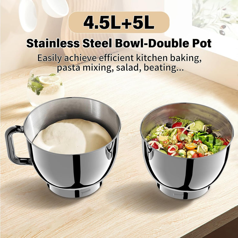 Stand Mixer 4.5L+5L Bowls 8-Speed 1000W Tilt-Head Food