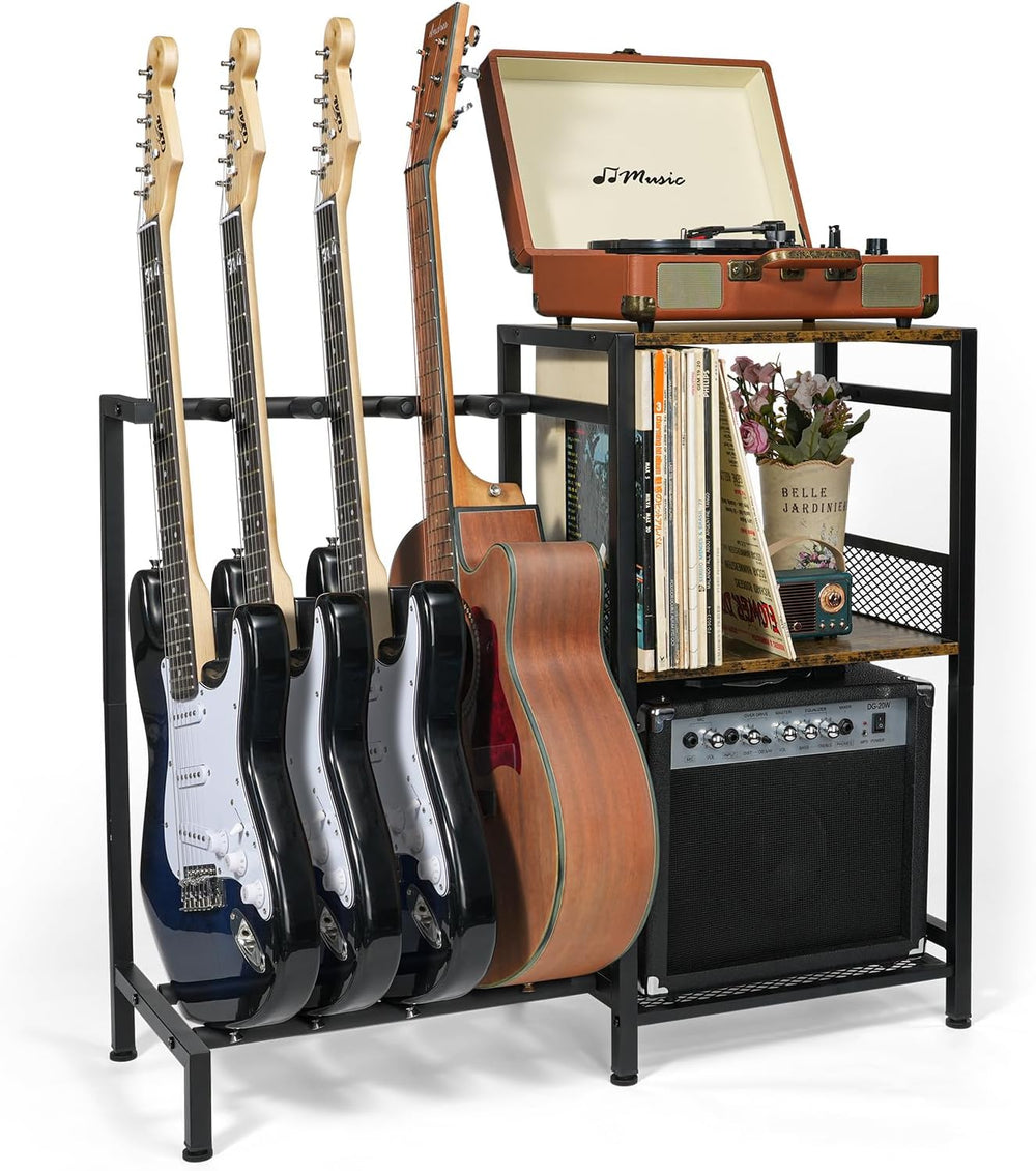 Stand Multiple Guitars with Vinyl Record Storage Cabinet
