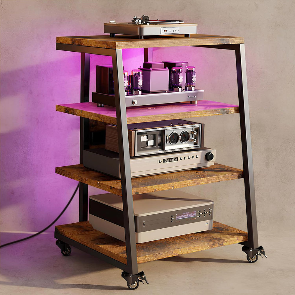 Stand Record Player 4-Tier Wooden Shelves with Power