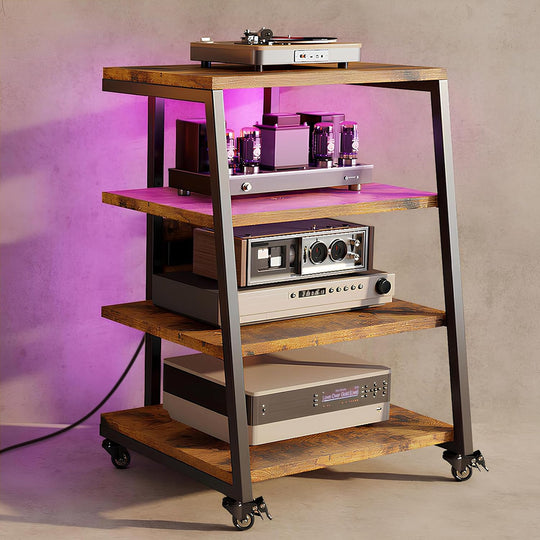 Stand Record Player 4-Tier Wooden Shelves with Power