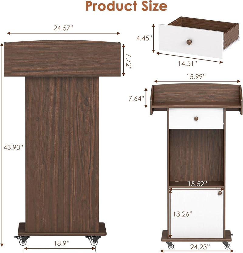 Podium Stand with Drawer Storage Cabinet and Wheels