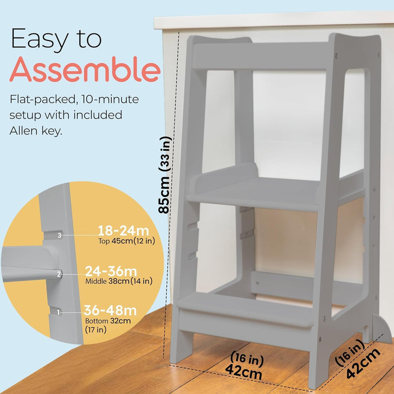 Toddler Tower 3-Level Adjustable Wooden Step Stool Standing
