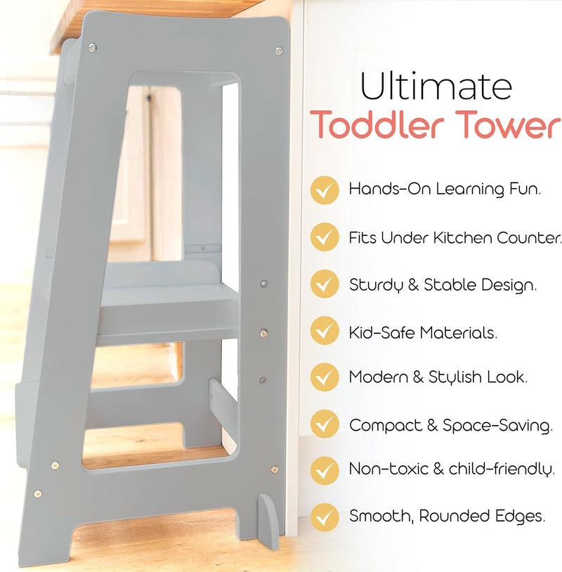 Toddler Tower 3-Level Adjustable Wooden Step Stool Standing