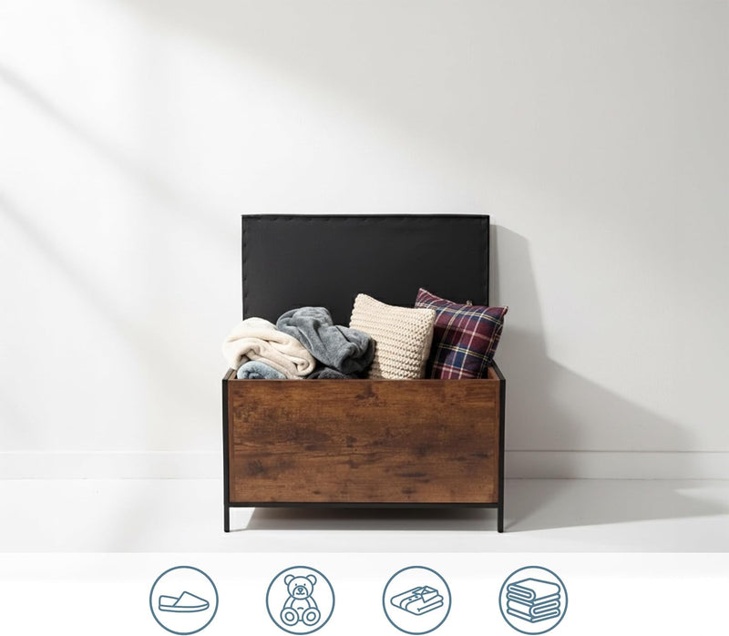Storage Bench Upholstered Faux Leather Industrial Style