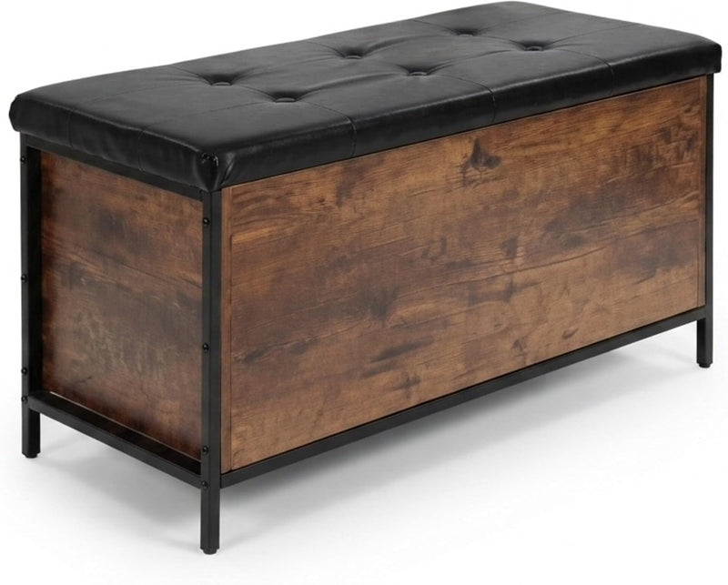 Storage Bench Upholstered Faux Leather Industrial Style
