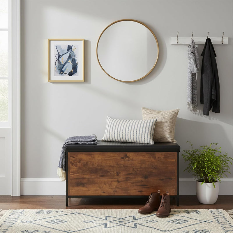 Storage Bench Upholstered Faux Leather Industrial Style