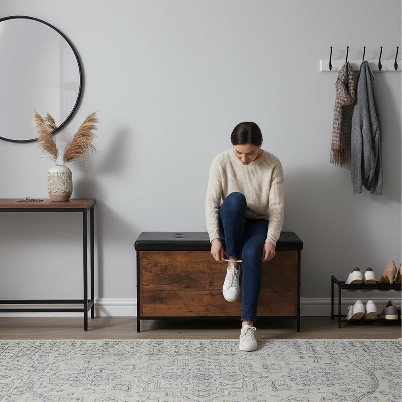 Storage Bench Upholstered Faux Leather Industrial Style
