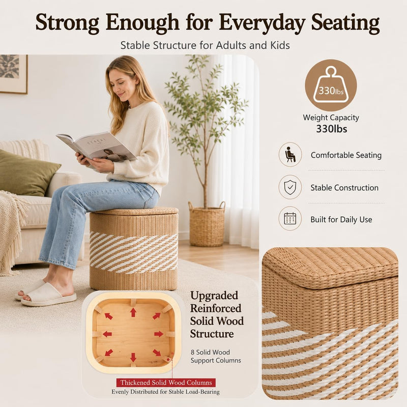 Storage Ottoman with Lid Natural Straw Foot Stool