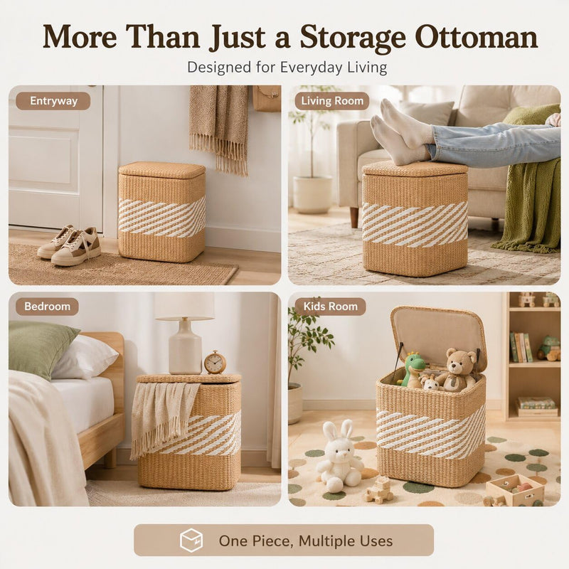 Storage Ottoman with Lid Natural Straw Foot Stool
