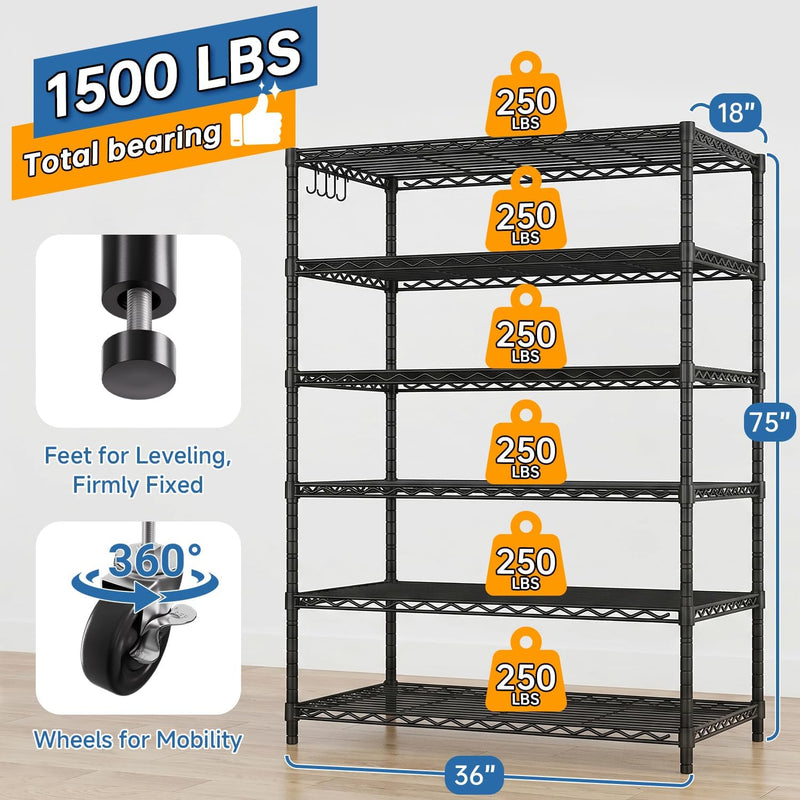 Storage Shelves 6 Tier Sturdy Metal Garage Shelving