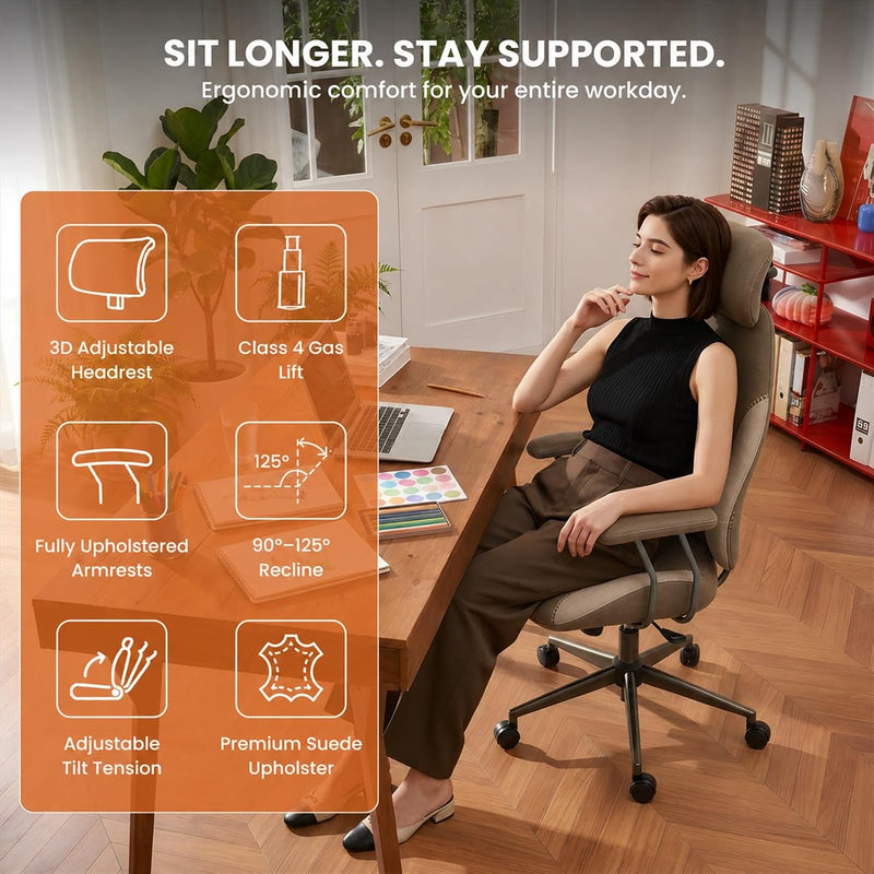 Suede Fabric Desk Office Chair High Back Ergonomic
