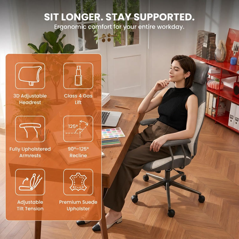 Suede Fabric Desk Office Chair High Back Ergonomic