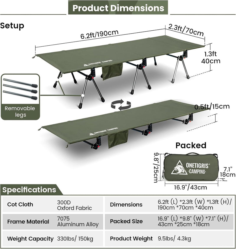 Supranubis Camping Cot Height Adjustable with Leg Extenders