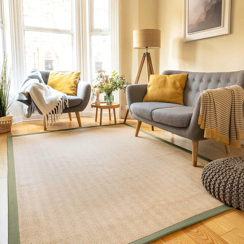 Sustainable Cotton Border Herringbone Natural Jute Area Rug