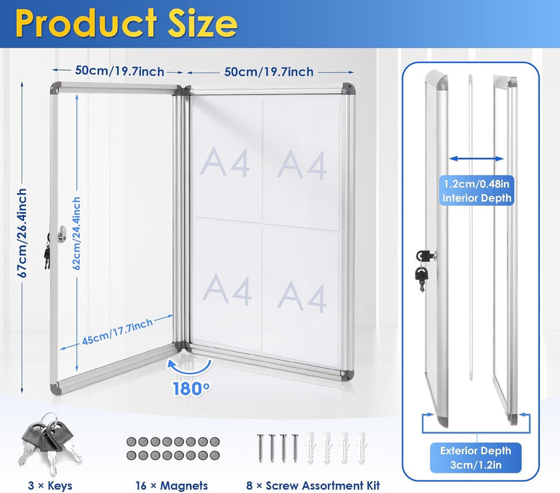 Swancrown Lockable Notice Board 980x720MM Large Magnetic