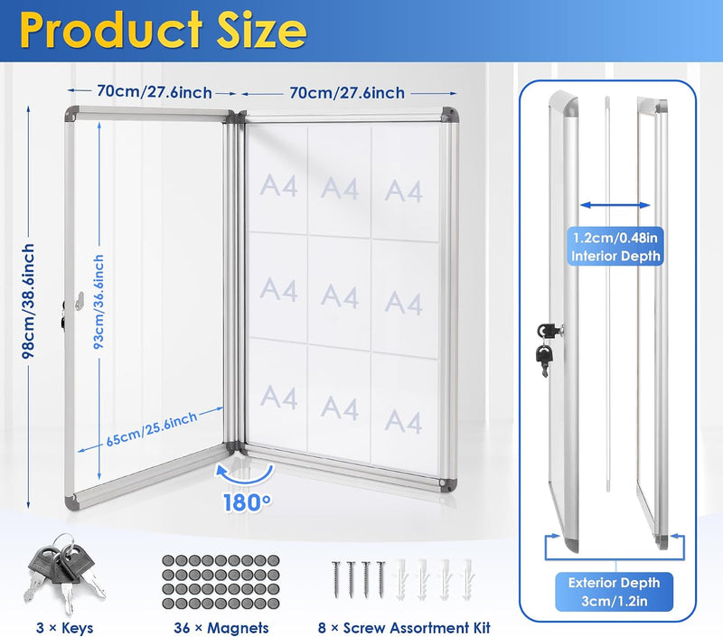 Swancrown Lockable Notice Board 980x720MM Large Magnetic