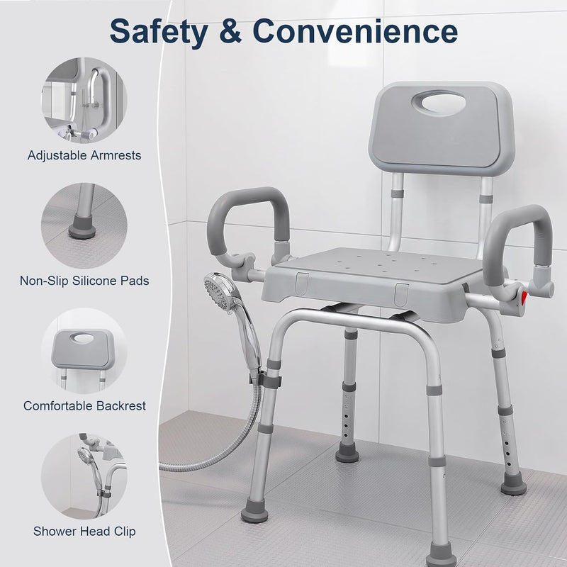 Swivel Shower Chair Height Adjustable Seat Flip-Up Arms