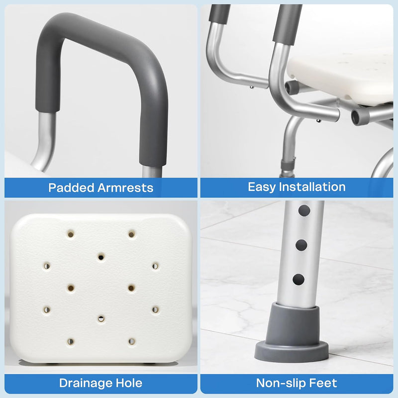 Swivel Shower Chair with Arms Backrest and Lock