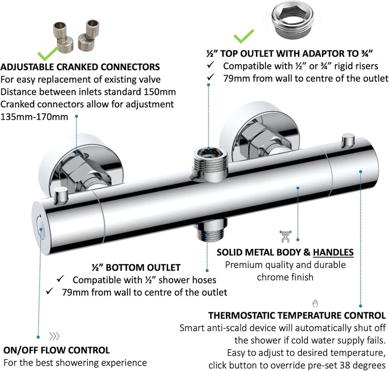 T33 Chrome Thermostatic Shower Mixer Bar Valve