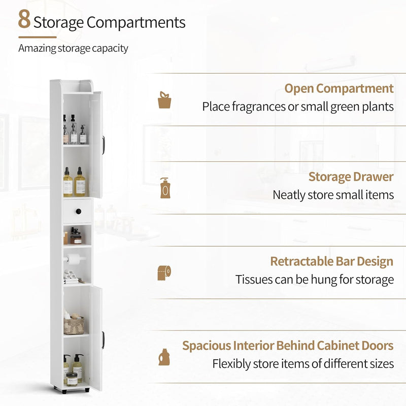 Tall Bathroom Storage Cabinet Slim Unit with Adjustable