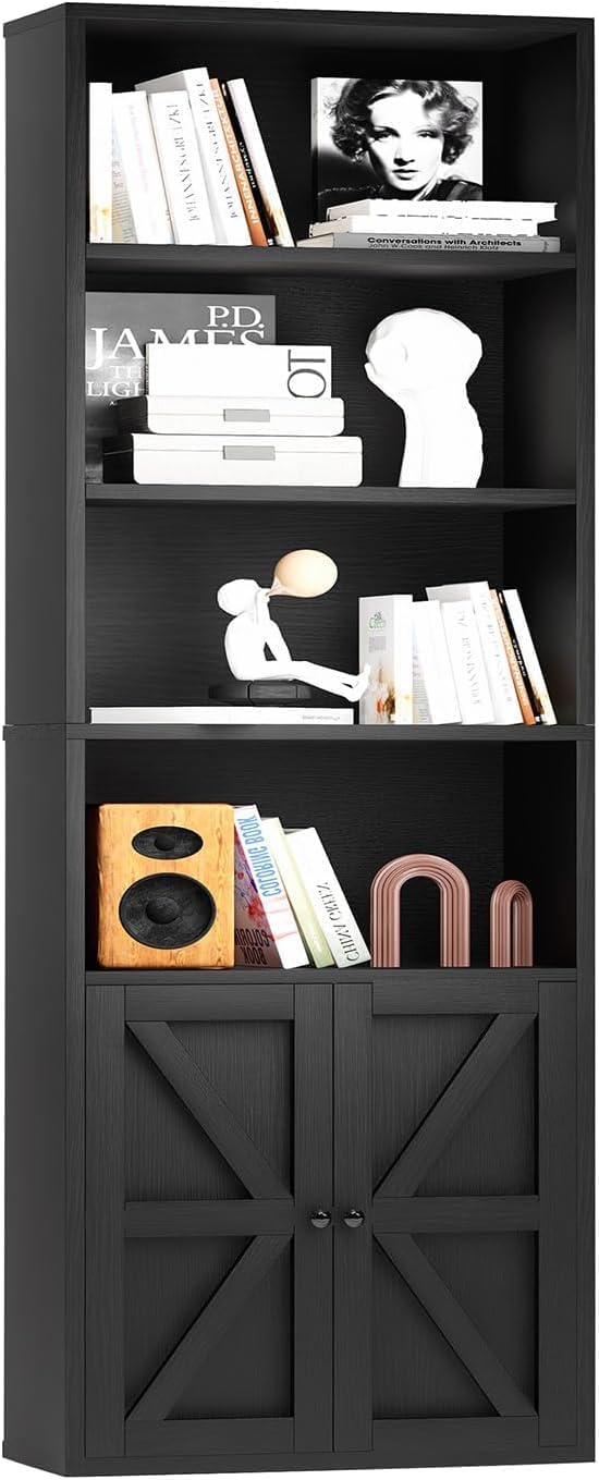 Tall Bookshelf 6 Tier Bookcase with Cabinet Doors