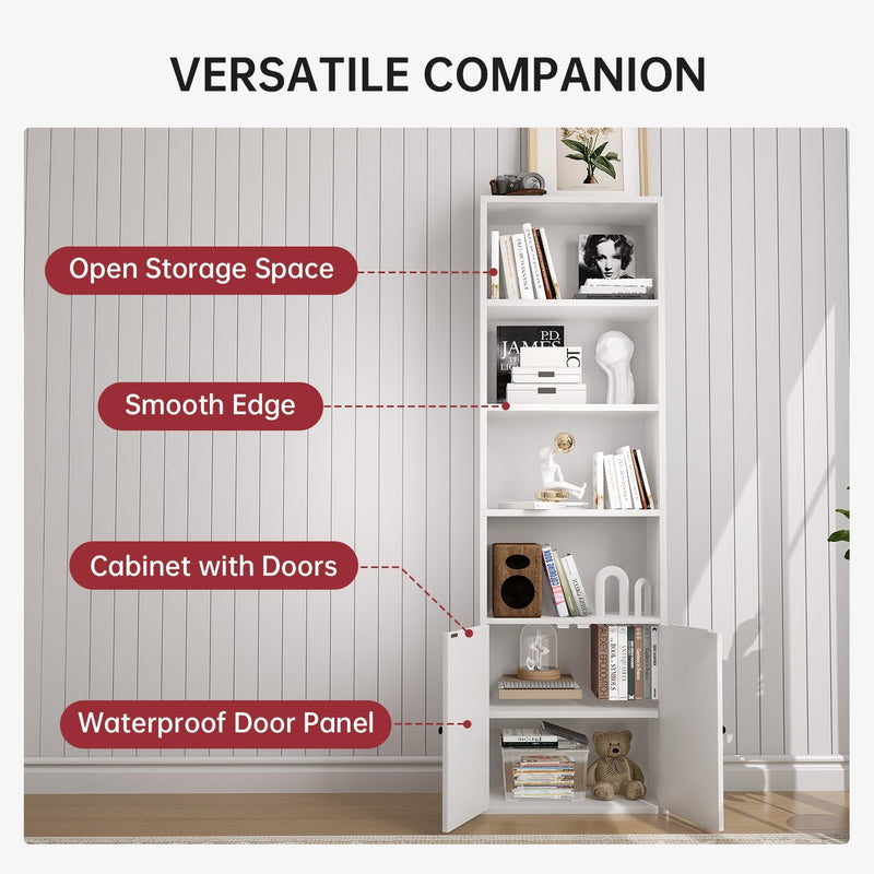 Tall Bookshelf 6 Tier Bookcase with Cabinet Doors