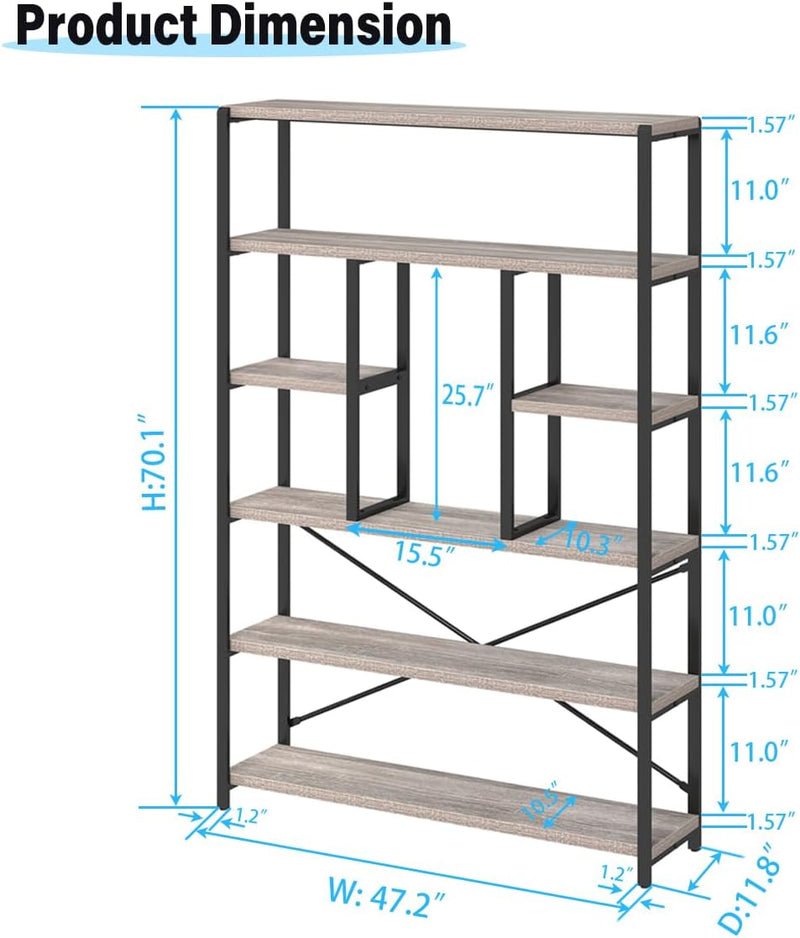 6 Tier Bookcase Modern Large Wide Book Shelf