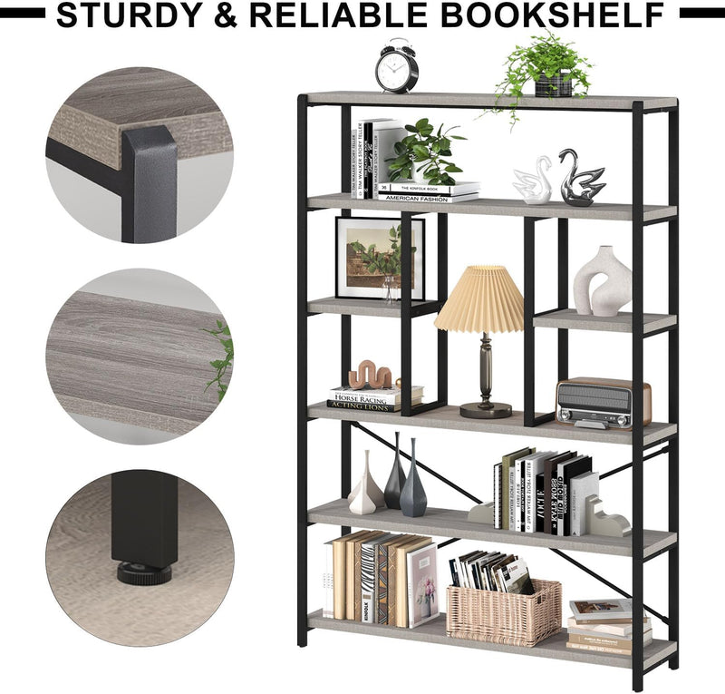 6 Tier Bookcase Modern Large Wide Book Shelf