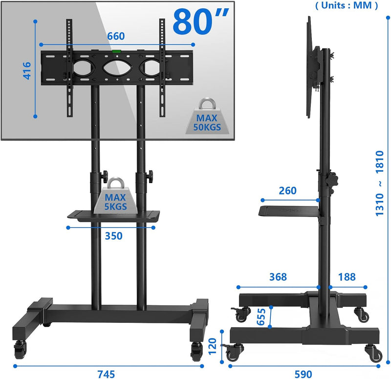 Tall Mobile TV Stand on Wheels for 32-80