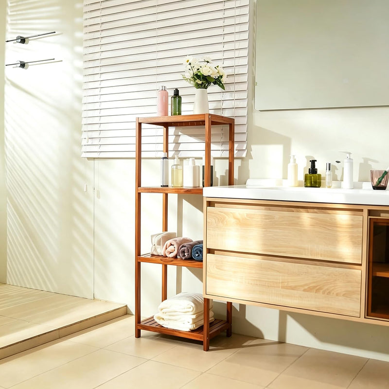 Teak 4-Tier Bathroom Storage Shelf Wood Rack Organiser