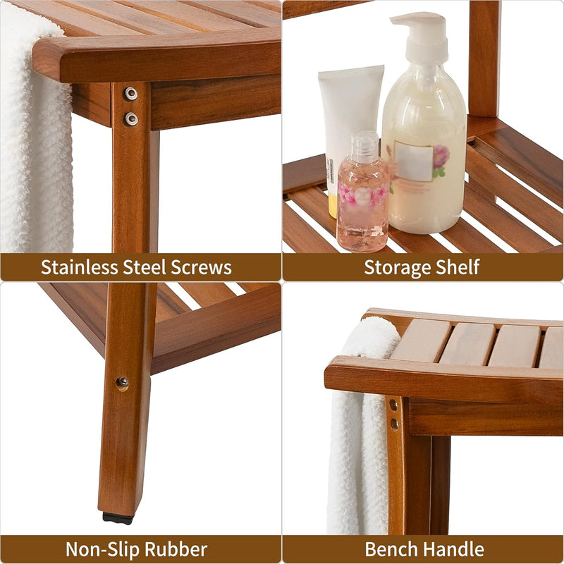 Teak Shower Bench Wooden Bathroom Stool with Handles