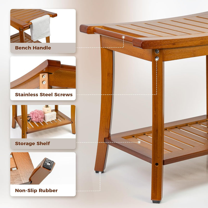 Teak Shower Bench Wooden Bathroom Stool with Handles