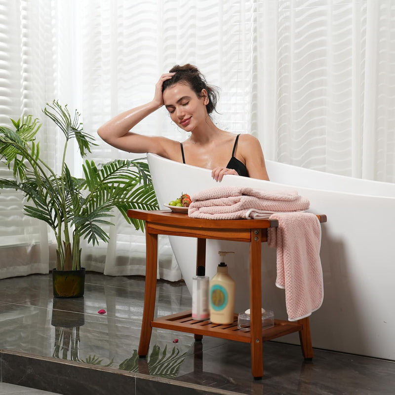 Teak Shower Bench Wooden Bathroom Stool with Handles