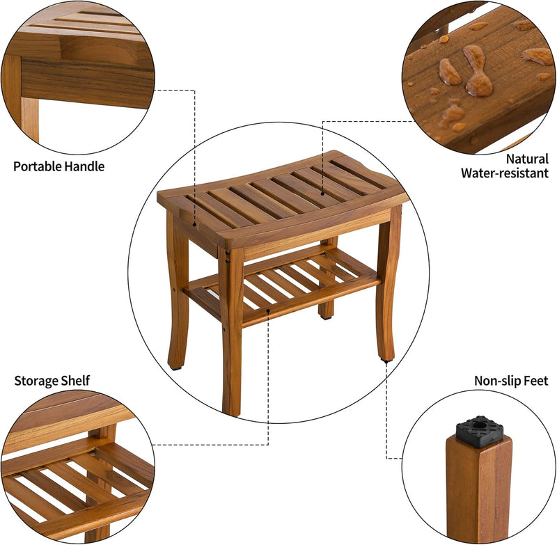 Teak Shower Bench Spa Stool with Storage Shelf