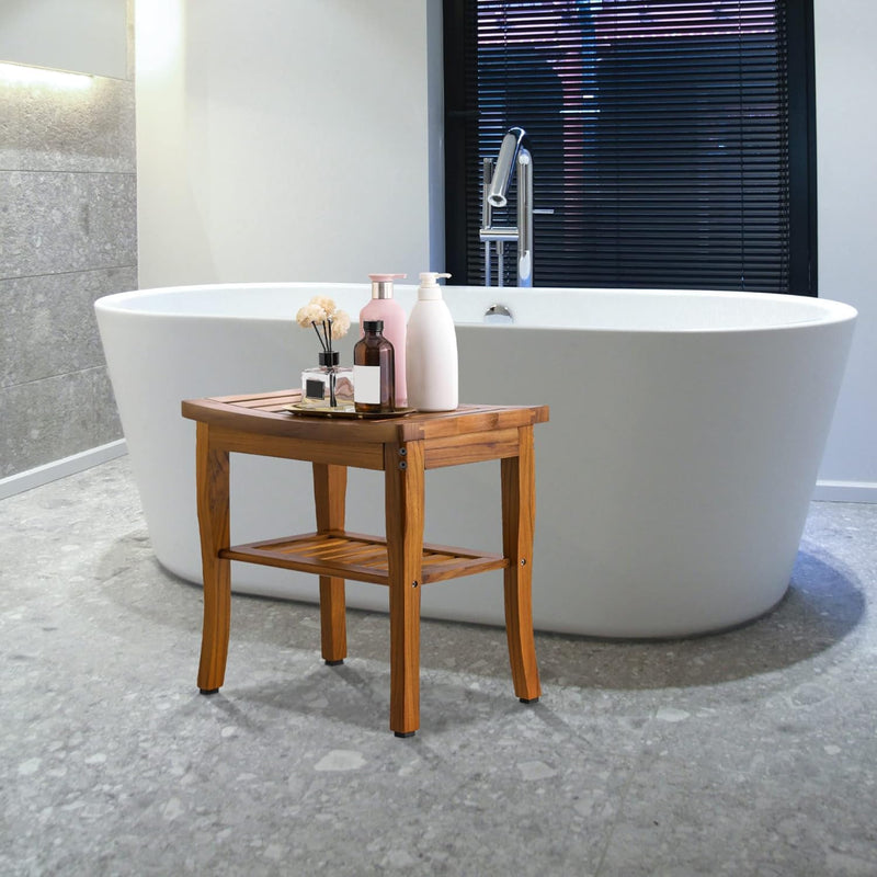 Teak Shower Bench Spa Stool with Storage Shelf