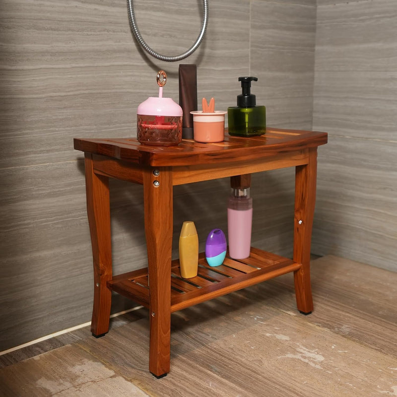 Teak Shower Bench Spa Stool with Storage Shelf