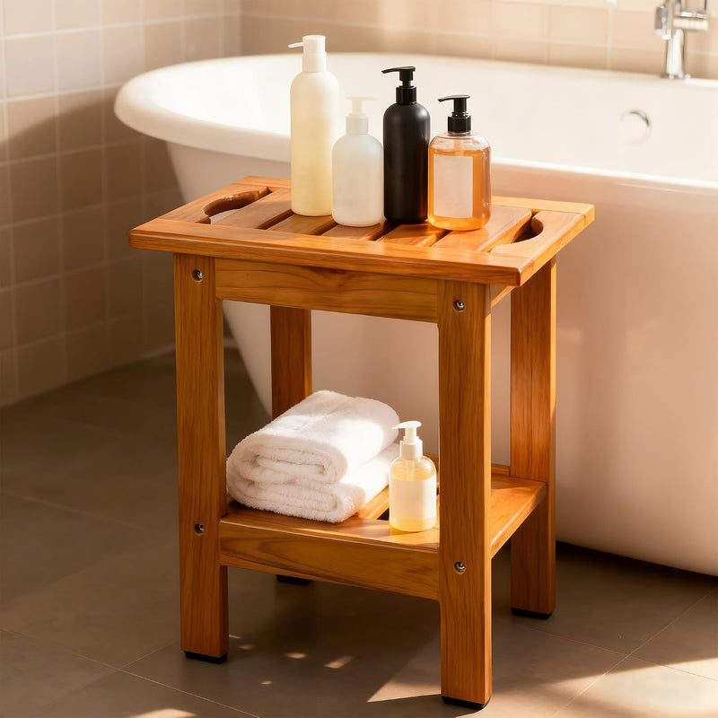 Teak Shower Bench Spa Stool with Storage Shelf